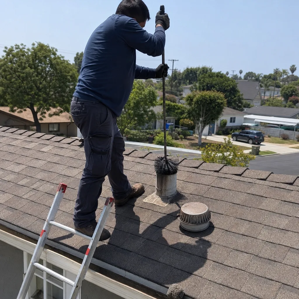 Technician performing professional dryer vent cleaning on a residential roof