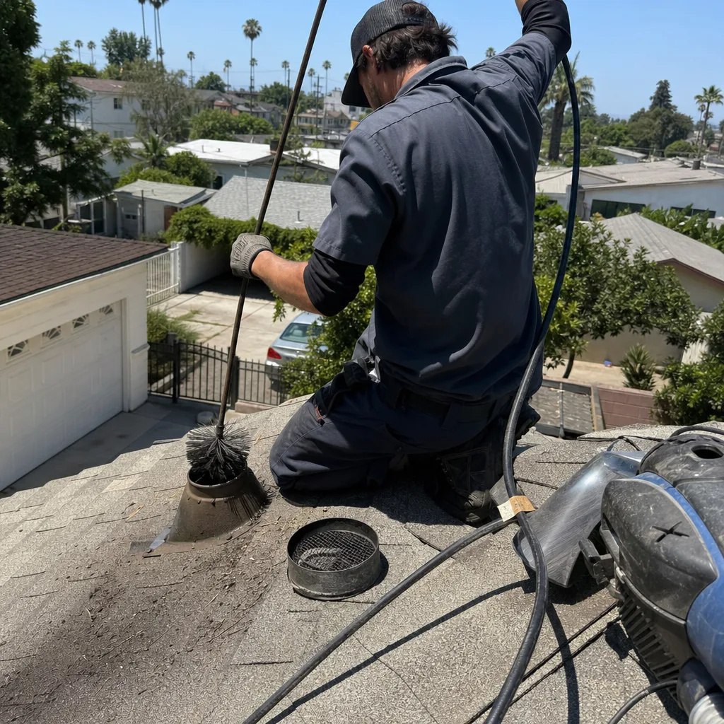Technician performing professional dryer vent cleaning on a residential roof