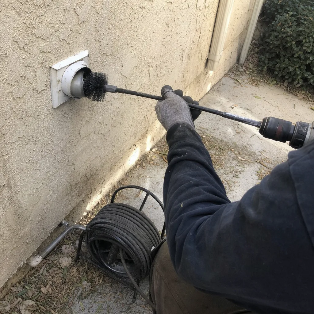 Professional technician performing dryer vent cleaning with a power drill brush